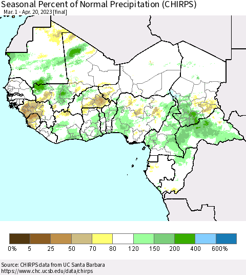 Western Africa Seasonal Percent of Normal Precipitation (CHIRPS) Thematic Map For 3/1/2023 - 4/20/2023