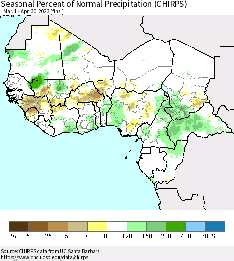 Western Africa Seasonal Percent of Normal Precipitation (CHIRPS) Thematic Map For 3/1/2023 - 4/30/2023