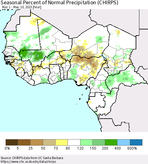 Western Africa Seasonal Percent of Normal Precipitation (CHIRPS) Thematic Map For 3/1/2023 - 5/10/2023