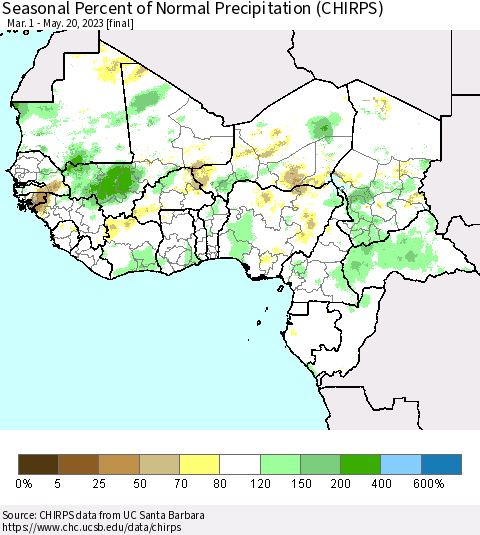 Western Africa Seasonal Percent of Normal Precipitation (CHIRPS) Thematic Map For 3/1/2023 - 5/20/2023