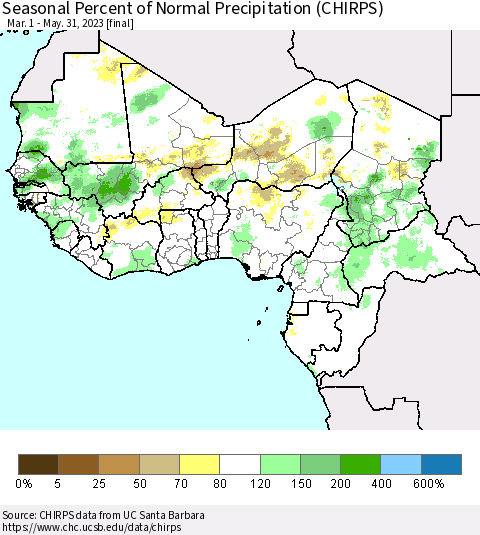 Western Africa Seasonal Percent of Normal Precipitation (CHIRPS) Thematic Map For 3/1/2023 - 5/31/2023