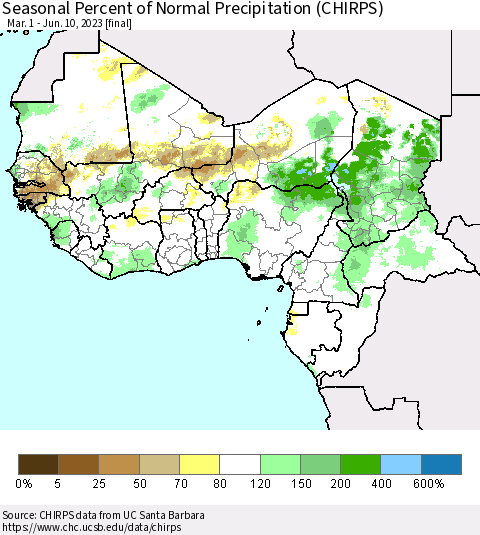 Western Africa Seasonal Percent of Normal Precipitation (CHIRPS) Thematic Map For 3/1/2023 - 6/10/2023