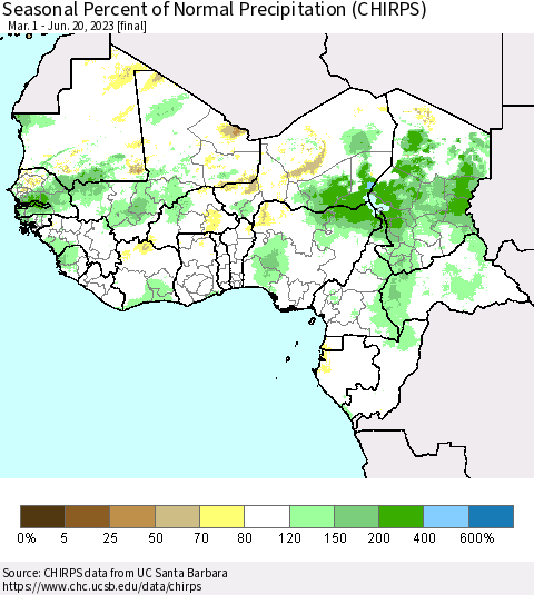Western Africa Seasonal Percent of Normal Precipitation (CHIRPS) Thematic Map For 3/1/2023 - 6/20/2023