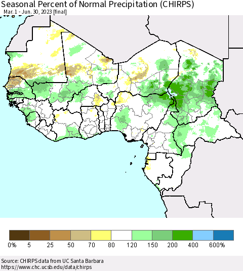 Western Africa Seasonal Percent of Normal Precipitation (CHIRPS) Thematic Map For 3/1/2023 - 6/30/2023