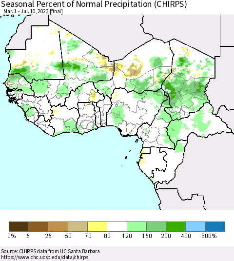 Western Africa Seasonal Percent of Normal Precipitation (CHIRPS) Thematic Map For 3/1/2023 - 7/10/2023