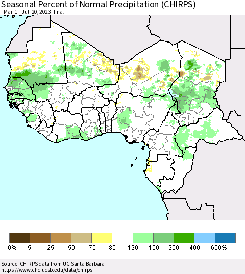 Western Africa Seasonal Percent of Normal Precipitation (CHIRPS) Thematic Map For 3/1/2023 - 7/20/2023