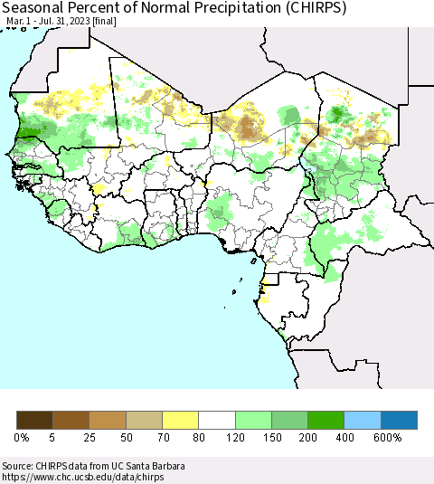 Western Africa Seasonal Percent of Normal Precipitation (CHIRPS) Thematic Map For 3/1/2023 - 7/31/2023