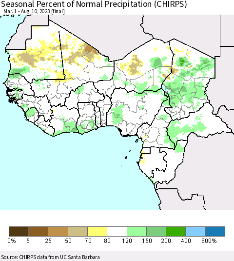 Western Africa Seasonal Percent of Normal Precipitation (CHIRPS) Thematic Map For 3/1/2023 - 8/10/2023