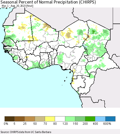 Western Africa Seasonal Percent of Normal Precipitation (CHIRPS) Thematic Map For 3/1/2023 - 8/20/2023