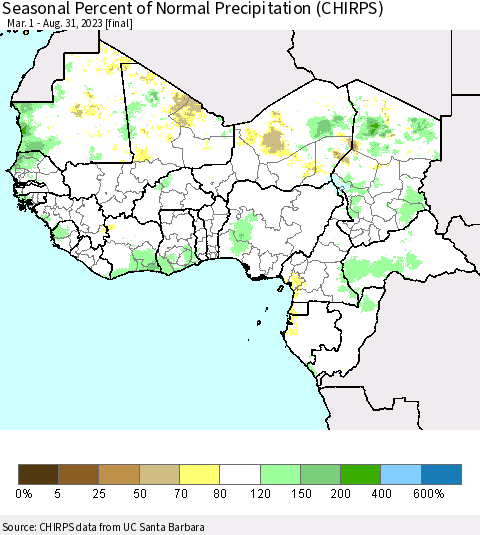 Western Africa Seasonal Percent of Normal Precipitation (CHIRPS) Thematic Map For 3/1/2023 - 8/31/2023