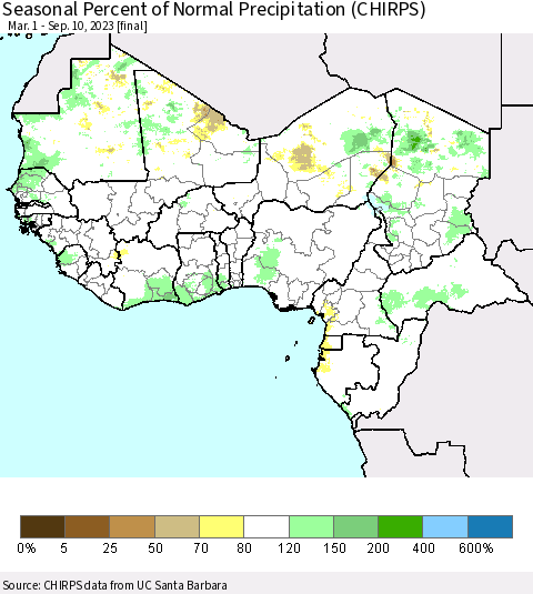Western Africa Seasonal Percent of Normal Precipitation (CHIRPS) Thematic Map For 3/1/2023 - 9/10/2023