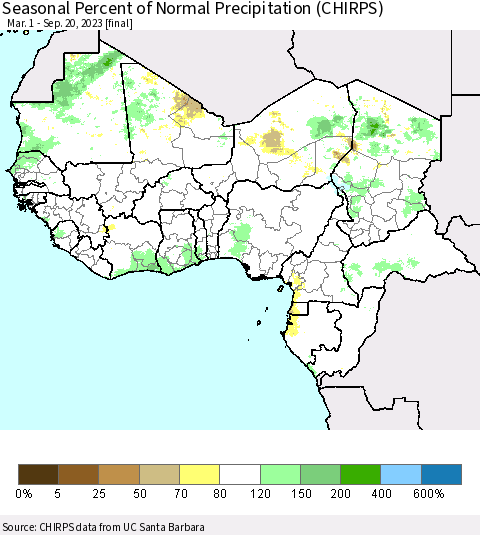 Western Africa Seasonal Percent of Normal Precipitation (CHIRPS) Thematic Map For 3/1/2023 - 9/20/2023