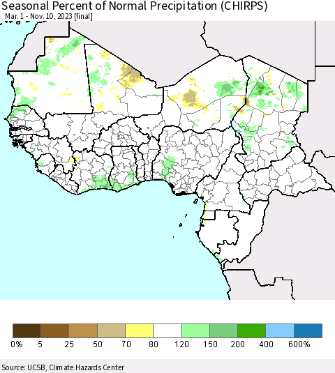 Western Africa Seasonal Percent of Normal Precipitation (CHIRPS) Thematic Map For 3/1/2023 - 11/10/2023