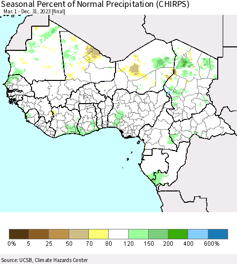 Western Africa Seasonal Percent of Normal Precipitation (CHIRPS) Thematic Map For 3/1/2023 - 12/31/2023