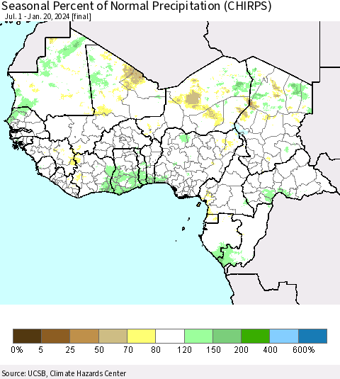 Western Africa Seasonal Percent of Normal Precipitation (CHIRPS) Thematic Map For 7/1/2023 - 1/20/2024