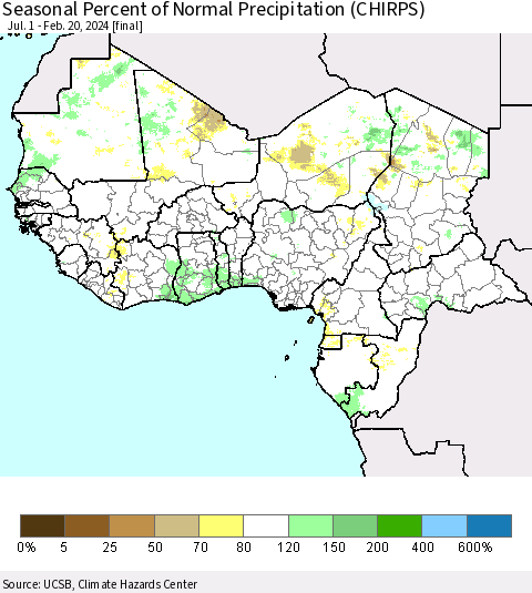 Western Africa Seasonal Percent of Normal Precipitation (CHIRPS) Thematic Map For 7/1/2023 - 2/20/2024
