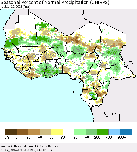 Western Africa Seasonal Percent of Normal Precipitation (CHIRPS) Thematic Map For 7/1/2023 - 7/10/2023
