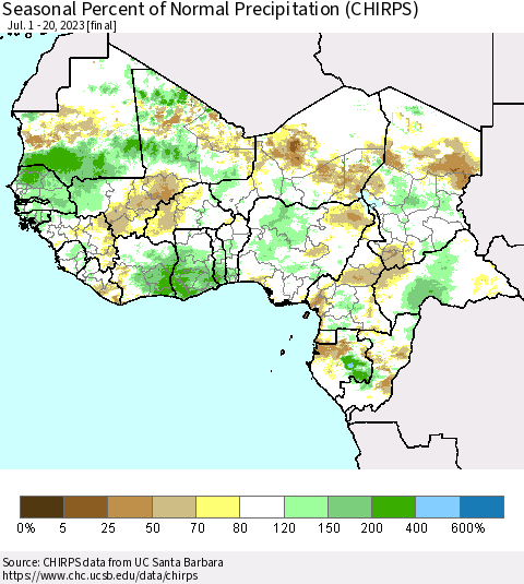 Western Africa Seasonal Percent of Normal Precipitation (CHIRPS) Thematic Map For 7/1/2023 - 7/20/2023