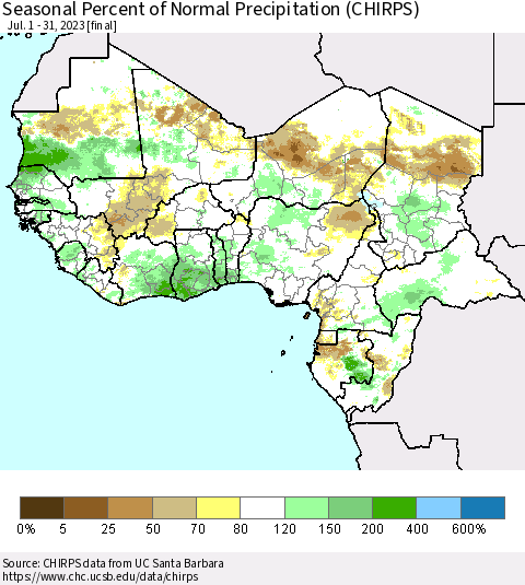 Western Africa Seasonal Percent of Normal Precipitation (CHIRPS) Thematic Map For 7/1/2023 - 7/31/2023