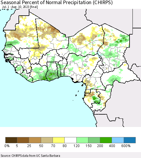 Western Africa Seasonal Percent of Normal Precipitation (CHIRPS) Thematic Map For 7/1/2023 - 8/10/2023