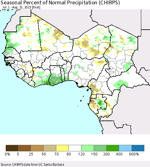 Western Africa Seasonal Percent of Normal Precipitation (CHIRPS) Thematic Map For 7/1/2023 - 8/31/2023