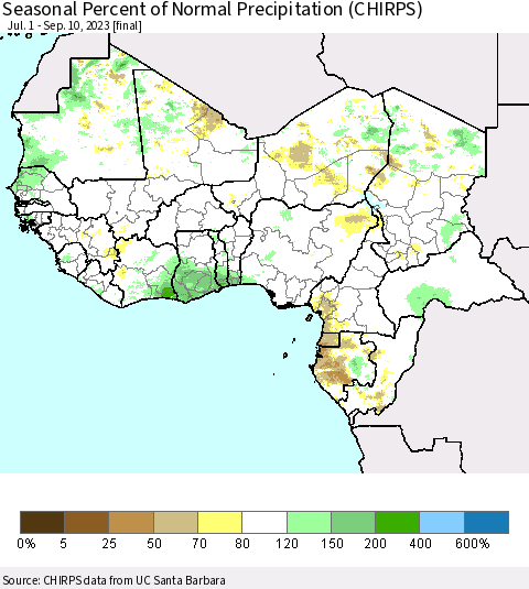 Western Africa Seasonal Percent of Normal Precipitation (CHIRPS) Thematic Map For 7/1/2023 - 9/10/2023