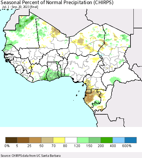 Western Africa Seasonal Percent of Normal Precipitation (CHIRPS) Thematic Map For 7/1/2023 - 9/20/2023