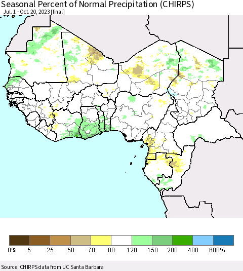 Western Africa Seasonal Percent of Normal Precipitation (CHIRPS) Thematic Map For 7/1/2023 - 10/20/2023