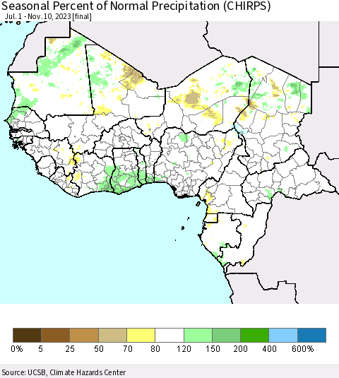 Western Africa Seasonal Percent of Normal Precipitation (CHIRPS) Thematic Map For 7/1/2023 - 11/10/2023