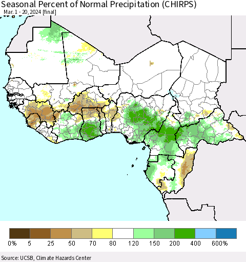 Western Africa Seasonal Percent of Normal Precipitation (CHIRPS) Thematic Map For 3/1/2024 - 3/20/2024