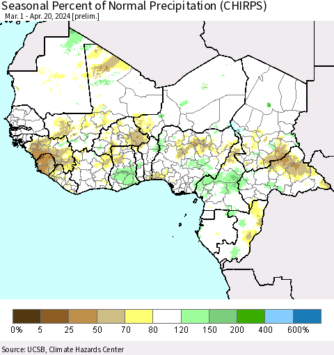 Western Africa Seasonal Percent of Normal Precipitation (CHIRPS) Thematic Map For 3/1/2024 - 4/20/2024