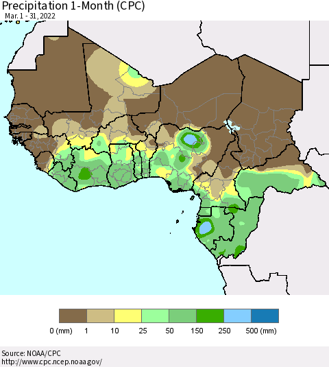 Western Africa Precipitation 1-Month (CPC) Thematic Map For 3/1/2022 - 3/31/2022