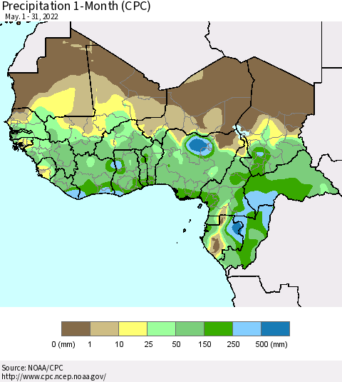 Western Africa Precipitation 1-Month (CPC) Thematic Map For 5/1/2022 - 5/31/2022