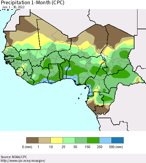 Western Africa Precipitation 1-Month (CPC) Thematic Map For 6/1/2022 - 6/30/2022