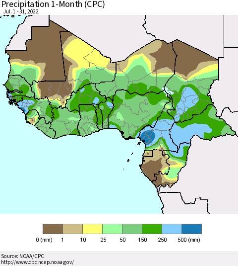 Western Africa Precipitation 1-Month (CPC) Thematic Map For 7/1/2022 - 7/31/2022