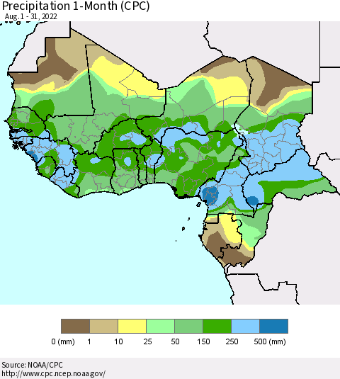 Western Africa Precipitation 1-Month (CPC) Thematic Map For 8/1/2022 - 8/31/2022