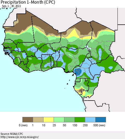 Western Africa Precipitation 1-Month (CPC) Thematic Map For 9/1/2022 - 9/30/2022