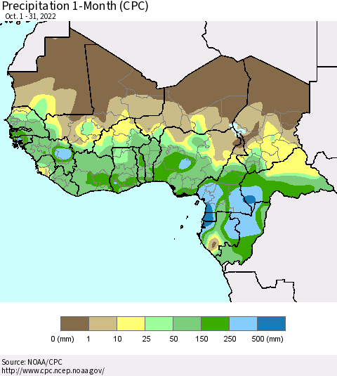 Western Africa Precipitation 1-Month (CPC) Thematic Map For 10/1/2022 - 10/31/2022