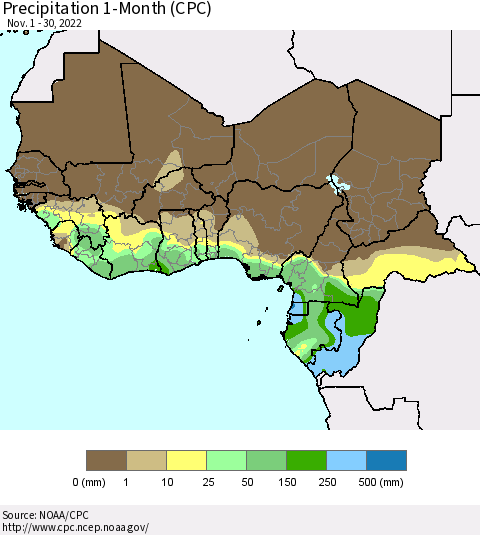 Western Africa Precipitation 1-Month (CPC) Thematic Map For 11/1/2022 - 11/30/2022