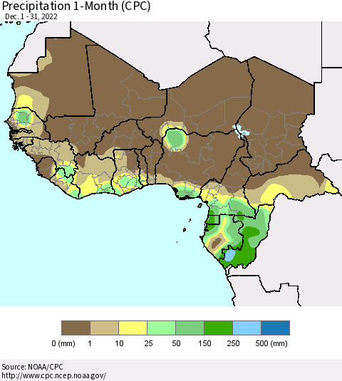 Western Africa Precipitation 1-Month (CPC) Thematic Map For 12/1/2022 - 12/31/2022