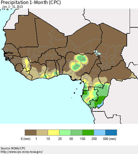 Western Africa Precipitation 1-Month (CPC) Thematic Map For 1/1/2023 - 1/31/2023