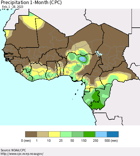 Western Africa Precipitation 1-Month (CPC) Thematic Map For 2/1/2023 - 2/28/2023