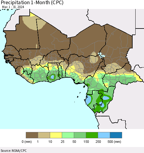 Western Africa Precipitation 1-Month (CPC) Thematic Map For 3/1/2024 - 3/31/2024