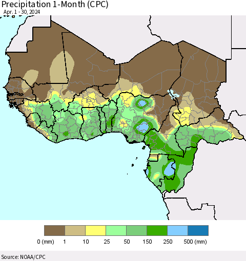 Western Africa Precipitation 1-Month (CPC) Thematic Map For 4/1/2024 - 4/30/2024