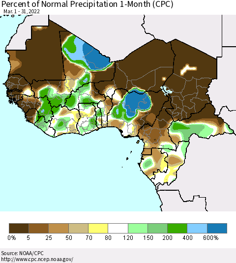 Western Africa Percent of Normal Precipitation 1-Month (CPC) Thematic Map For 3/1/2022 - 3/31/2022