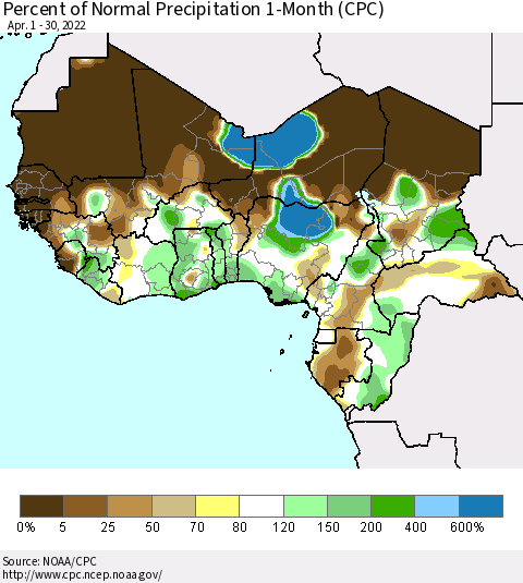 Western Africa Percent of Normal Precipitation 1-Month (CPC) Thematic Map For 4/1/2022 - 4/30/2022