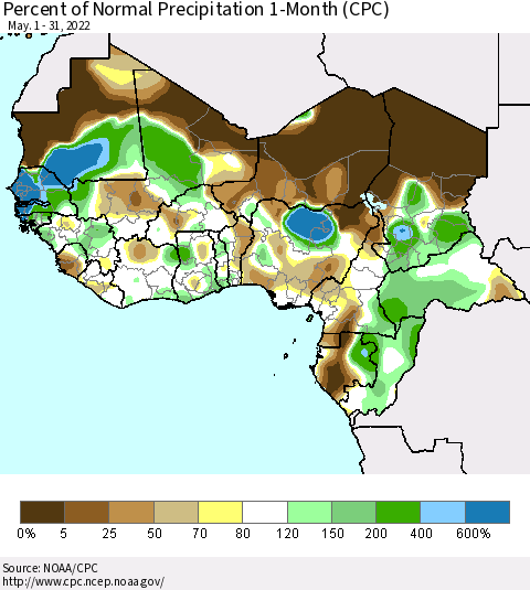 Western Africa Percent of Normal Precipitation 1-Month (CPC) Thematic Map For 5/1/2022 - 5/31/2022