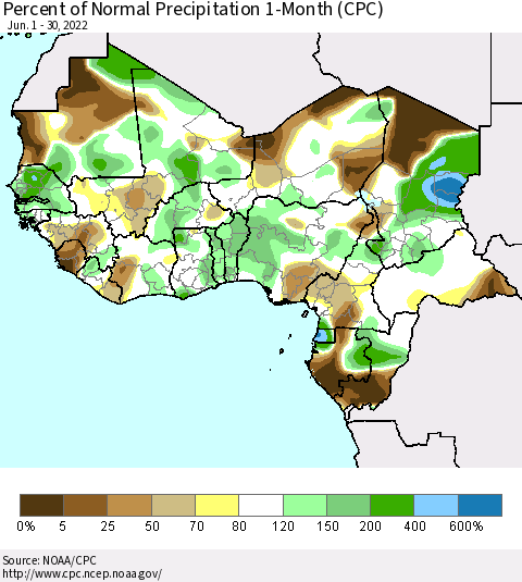 Western Africa Percent of Normal Precipitation 1-Month (CPC) Thematic Map For 6/1/2022 - 6/30/2022