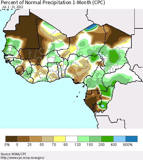 Western Africa Percent of Normal Precipitation 1-Month (CPC) Thematic Map For 7/1/2022 - 7/31/2022