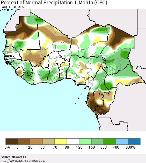 Western Africa Percent of Normal Precipitation 1-Month (CPC) Thematic Map For 8/1/2022 - 8/31/2022